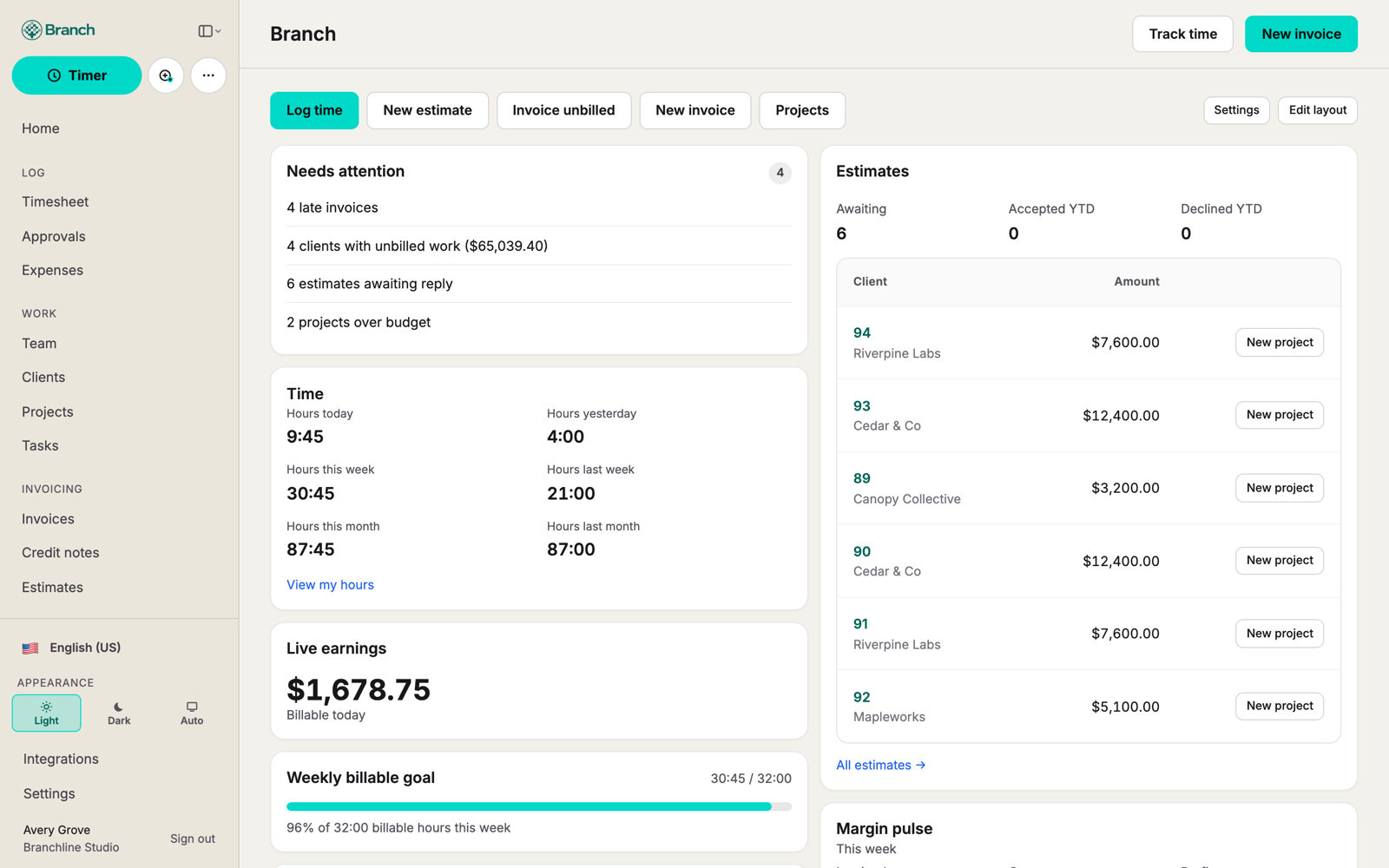 Branch dashboard with billable hours, live earnings, and estimates from the Branchline Studio demo.