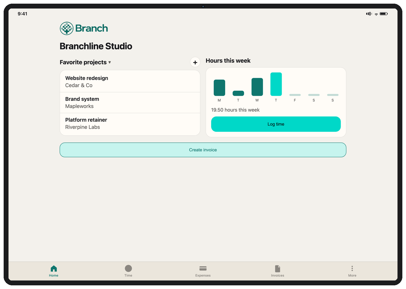 Branch iPad app in landscape: favorite projects beside this week’s hours for the Branchline Studio demo.