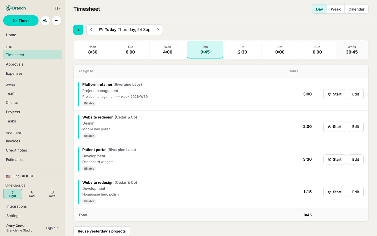 Branch timesheet for logging hours against demo clients and projects.