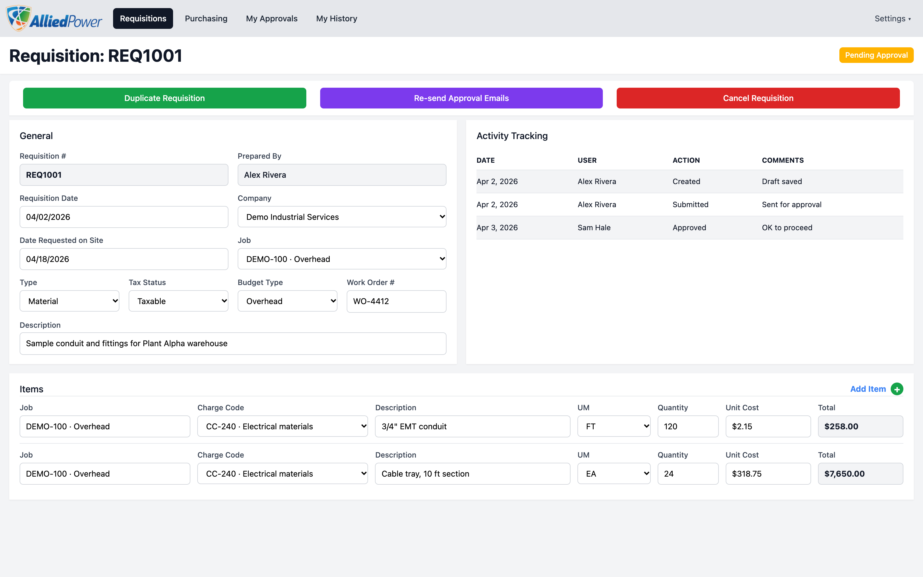 PowerReq requisition form for demo requisition REQ1001 with line items and approval status.