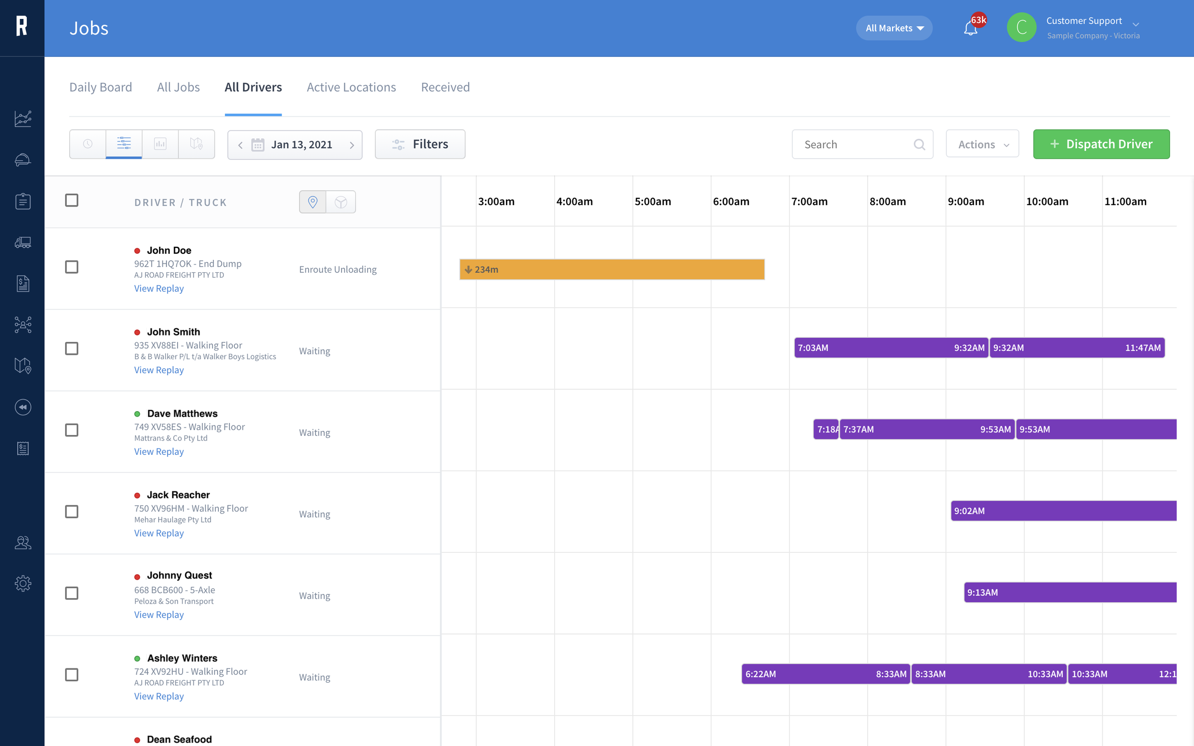 Ruckit jobs board with driver timelines, truck status, and dispatch.