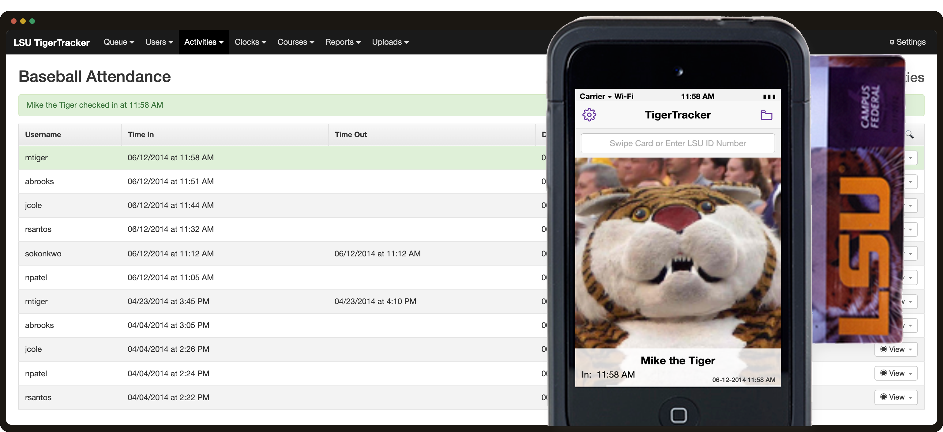 TigerTracker iPod in a Linea Pro sled swiping an LSU guest card, over the live Baseball Attendance web console.