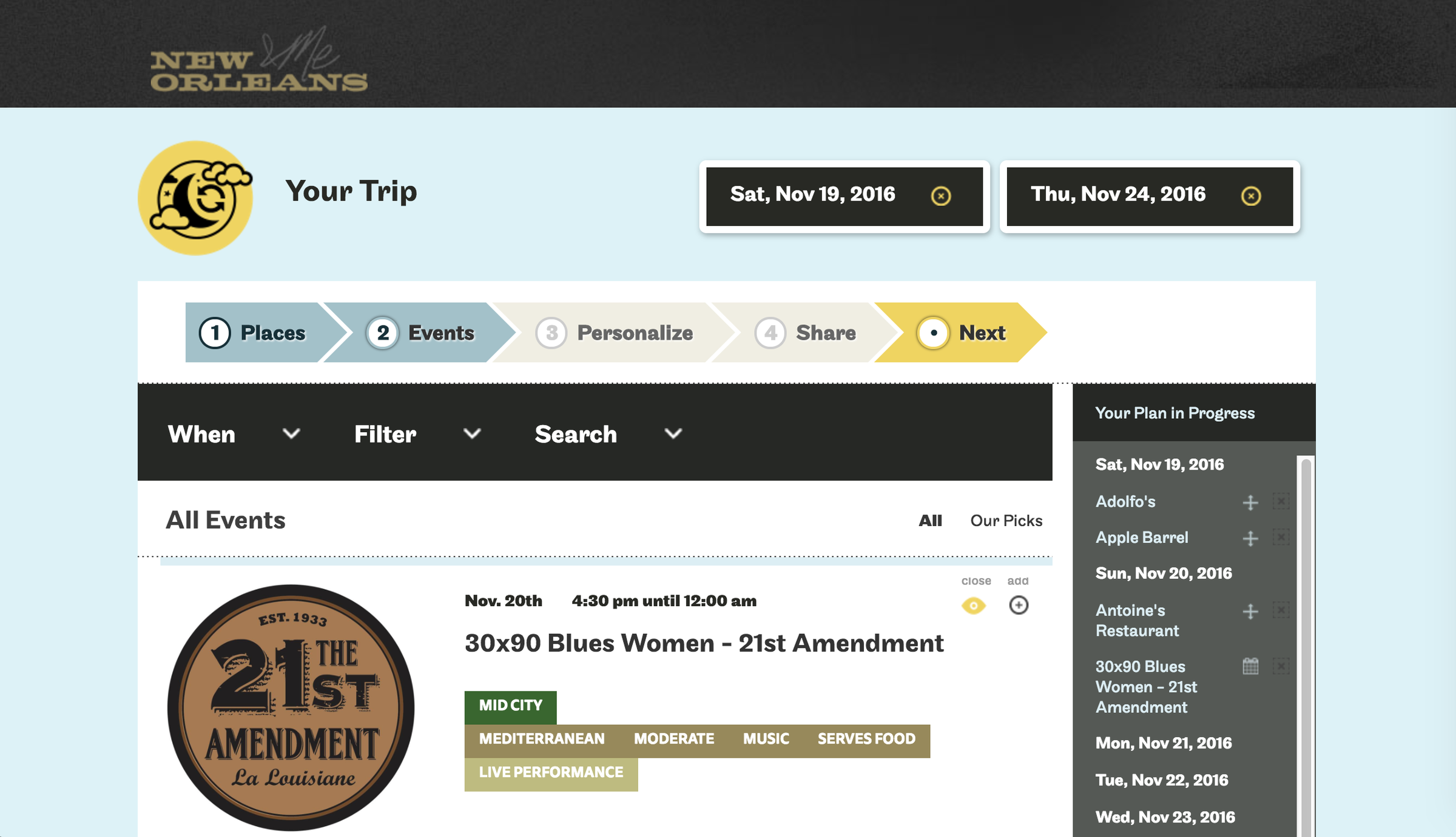 iNewOrleans trip planner events step with a live music pick and the plan sidebar.