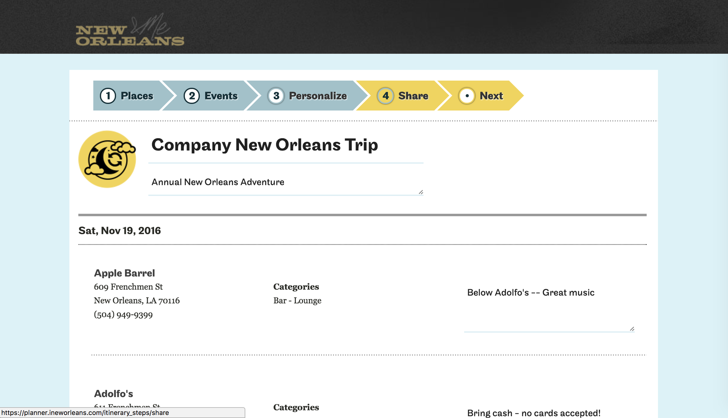 iNewOrleans trip itinerary with places, notes, and categories.